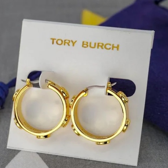 Tory Burch Miller Logo Huggie Gold Hoop Earrings NWT. Retails: $128 - Picture 4 of 8